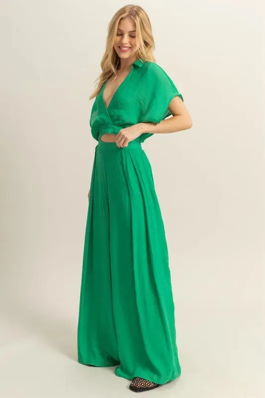 HYFVE Green Kimono Sleeve Crop Top and Wide Leg Pants Set