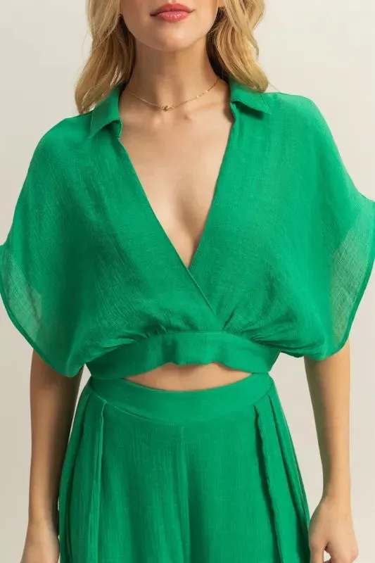 HYFVE Green Kimono Sleeve Crop Top and Wide Leg Pants Set