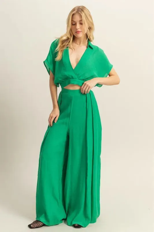 HYFVE Green Kimono Sleeve Crop Top and Wide Leg Pants Set