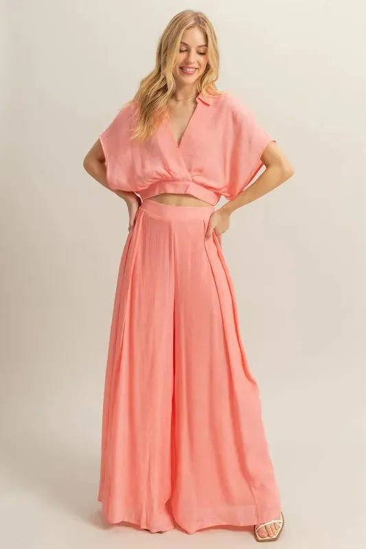 HYFVE Pink Kimono Sleeve Crop Top and Wide Leg Pants Set