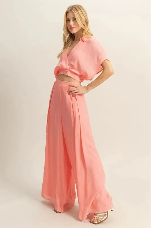 HYFVE Pink Kimono Sleeve Crop Top and Wide Leg Pants Set