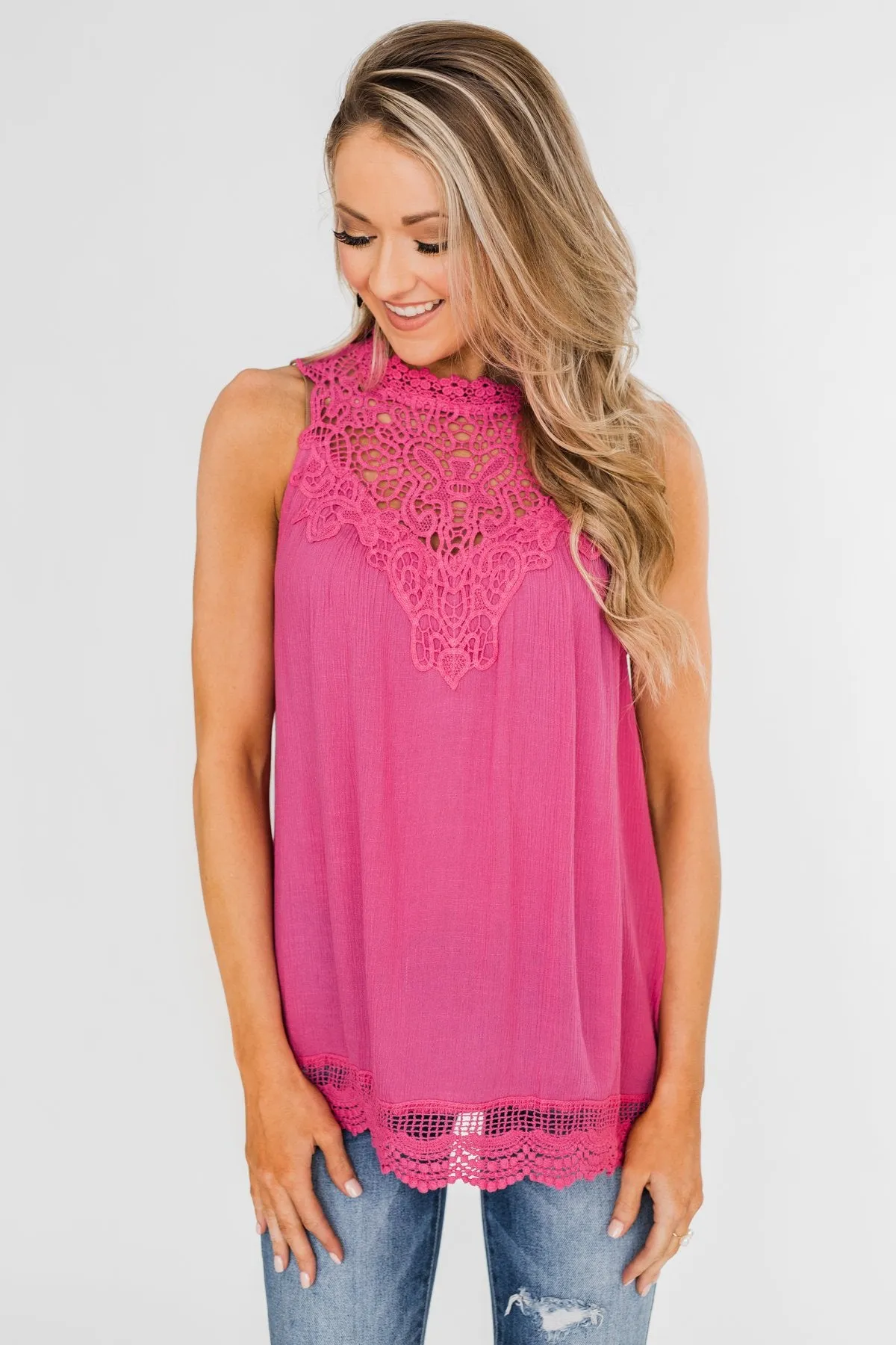 I Choose You Lace Tank Top- Fuchsia