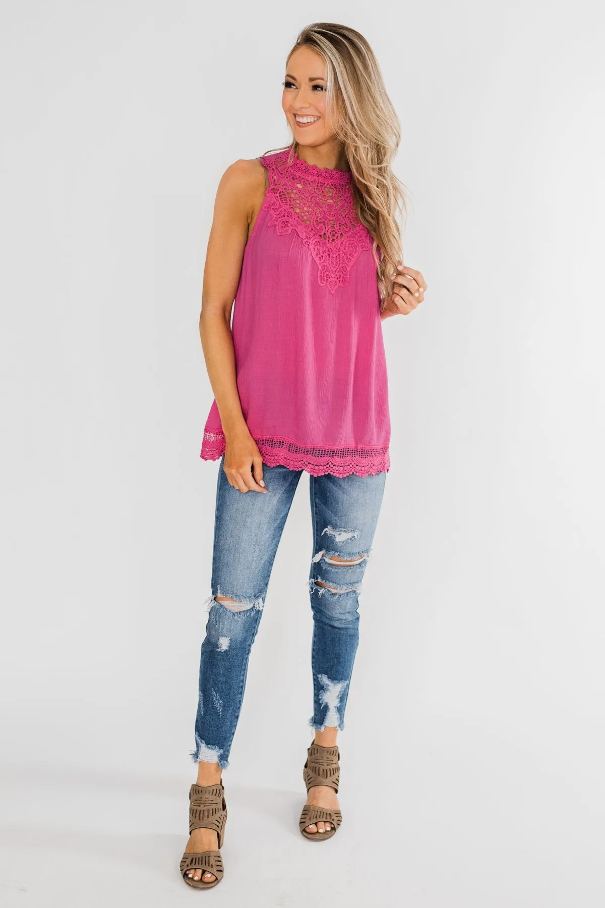 I Choose You Lace Tank Top- Fuchsia