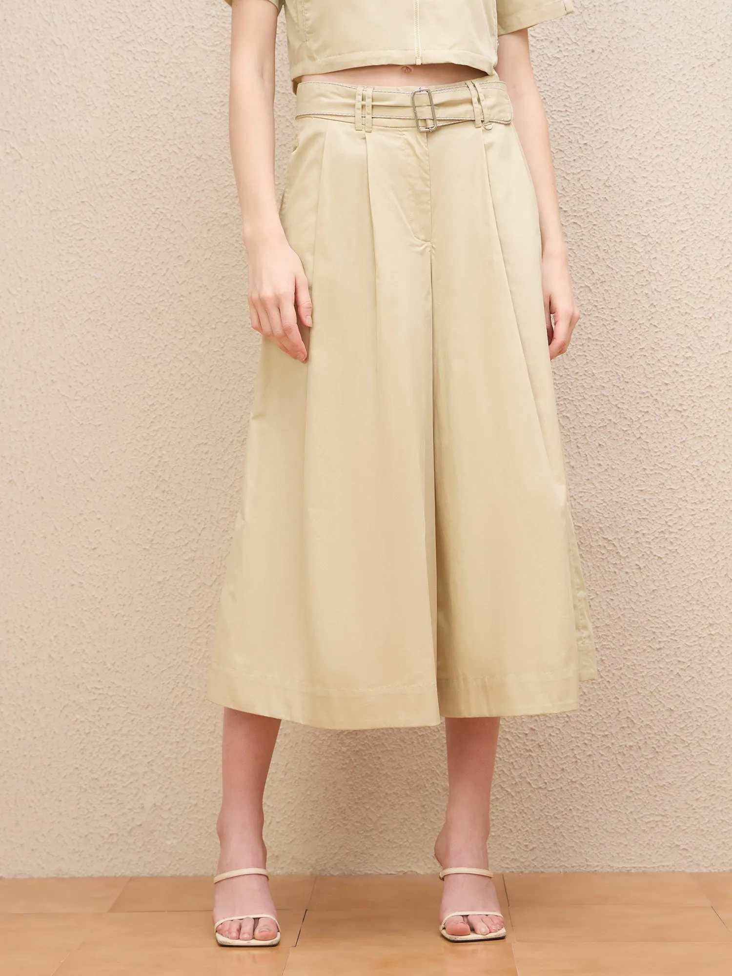 Iconic Women Cream Flared Fit Solid Trouser