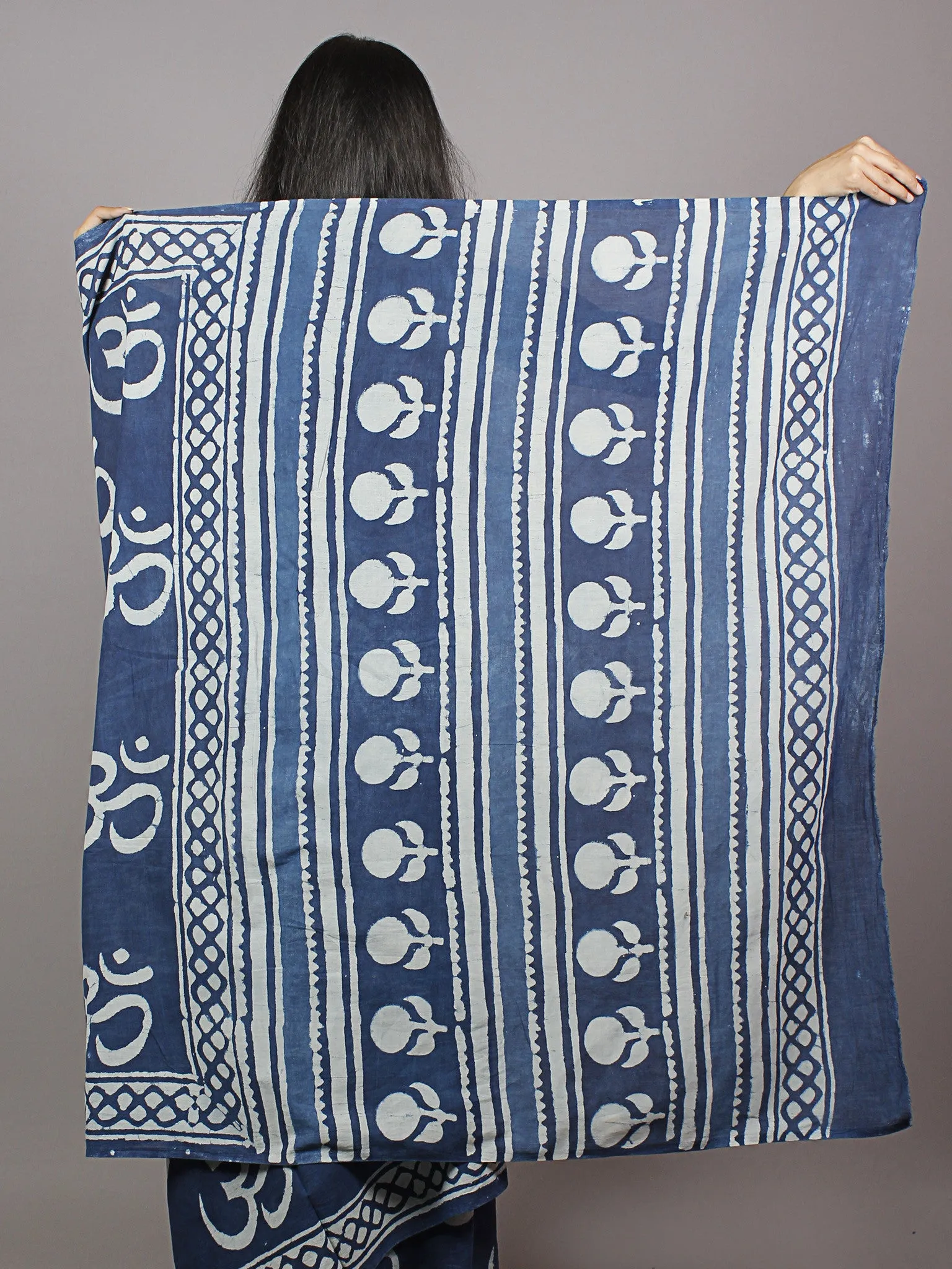 Indigo Blue White Hand Block Printed in Natural Colors Cotton Mul Saree - S031701344