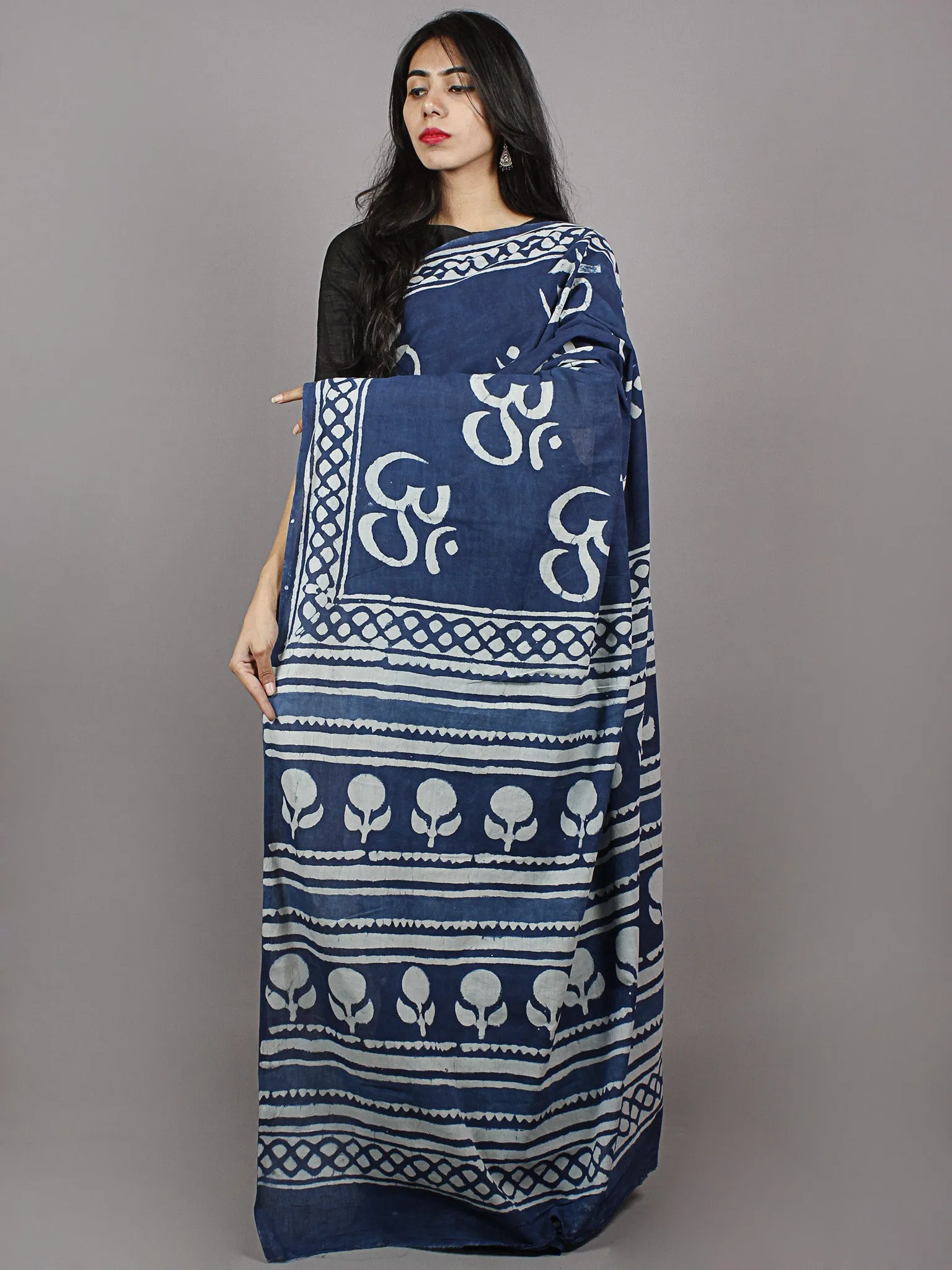 Indigo Blue White Hand Block Printed in Natural Colors Cotton Mul Saree - S031701344