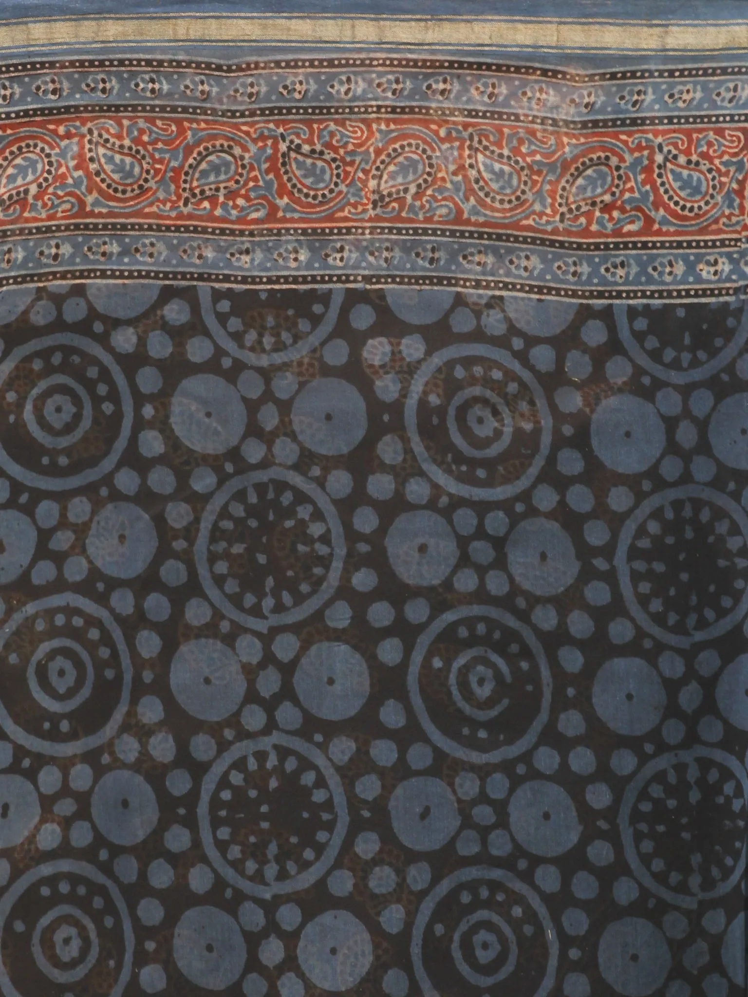 Indigo Red Black Chanderi Silk Ajrakh Hand Block Printed Saree With Zari Border - S031702651