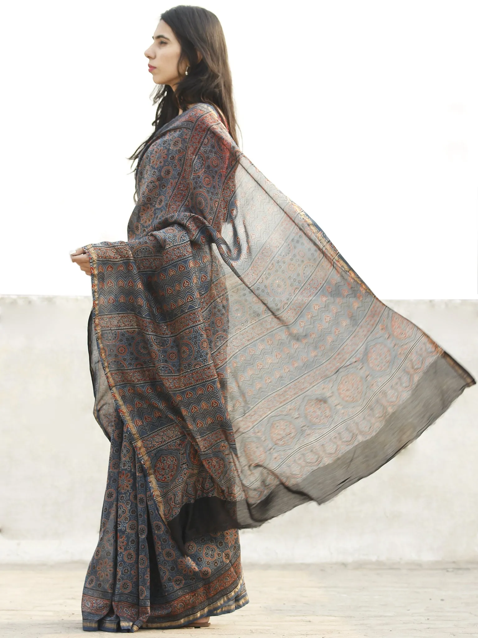 Indigo Red Black Chanderi Silk Ajrakh Hand Block Printed Saree With Zari Border - S031702651