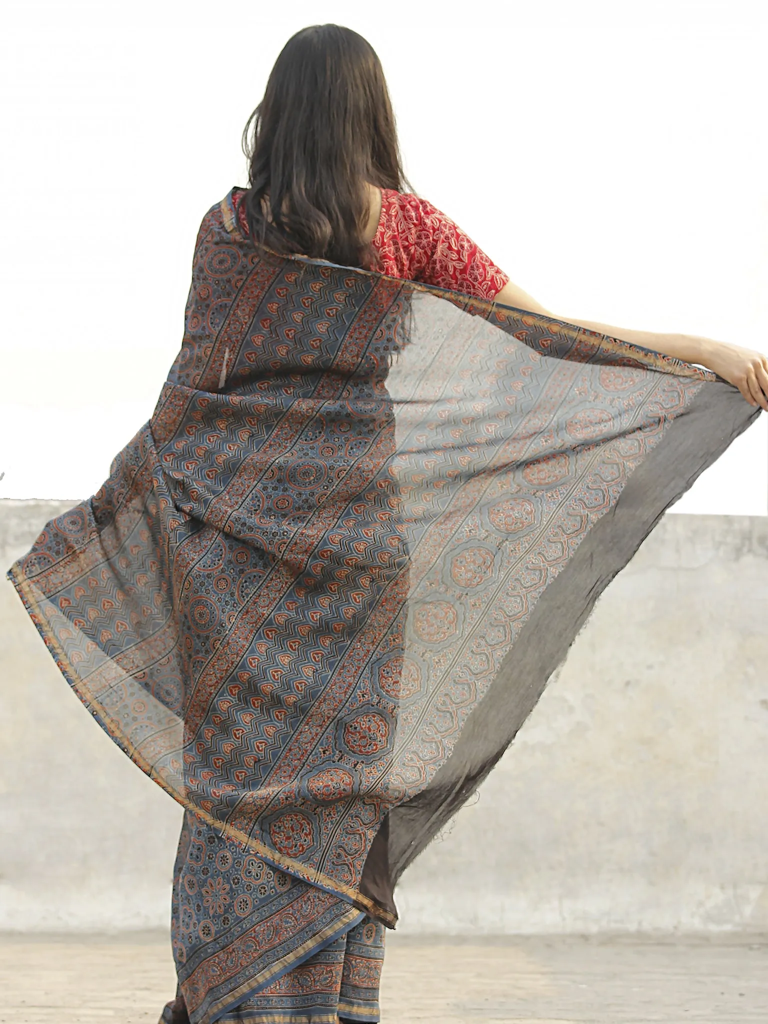 Indigo Red Black Chanderi Silk Ajrakh Hand Block Printed Saree With Zari Border - S031702651