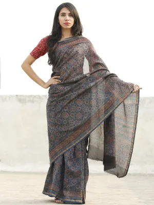 Indigo Red Black Chanderi Silk Ajrakh Hand Block Printed Saree With Zari Border - S031702651