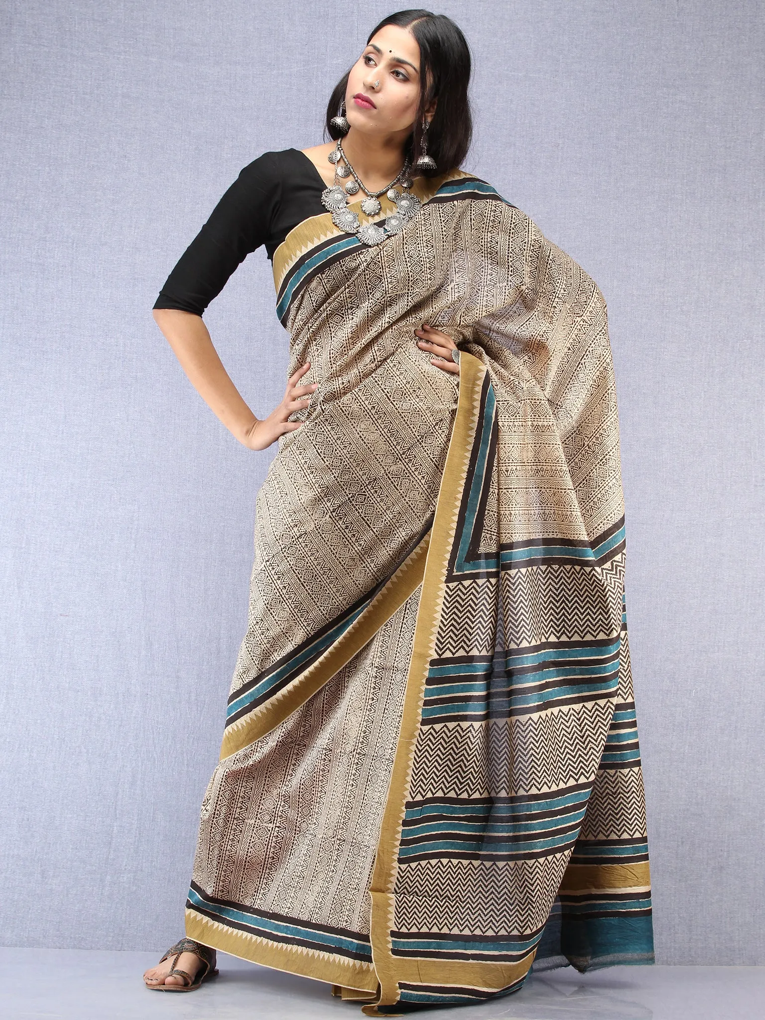 Ivory Black Indigo Chanderi Hand Block Printed Saree With Geecha Border - S031704501