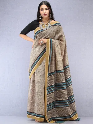 Ivory Black Indigo Chanderi Hand Block Printed Saree With Geecha Border - S031704501