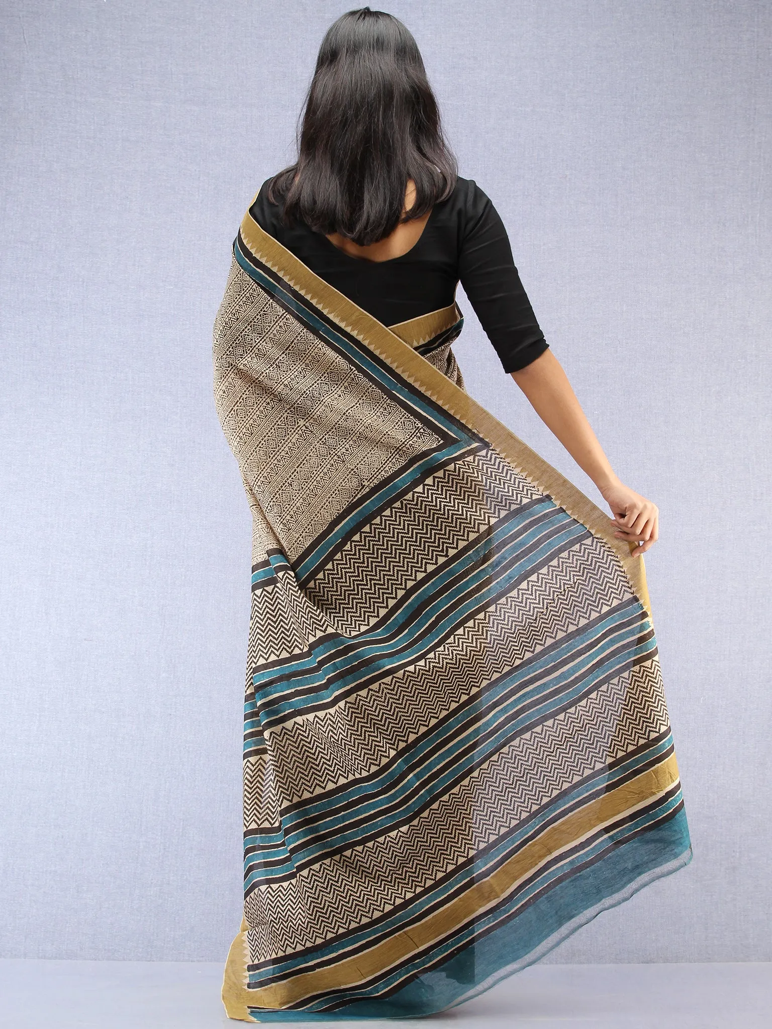 Ivory Black Indigo Chanderi Hand Block Printed Saree With Geecha Border - S031704501