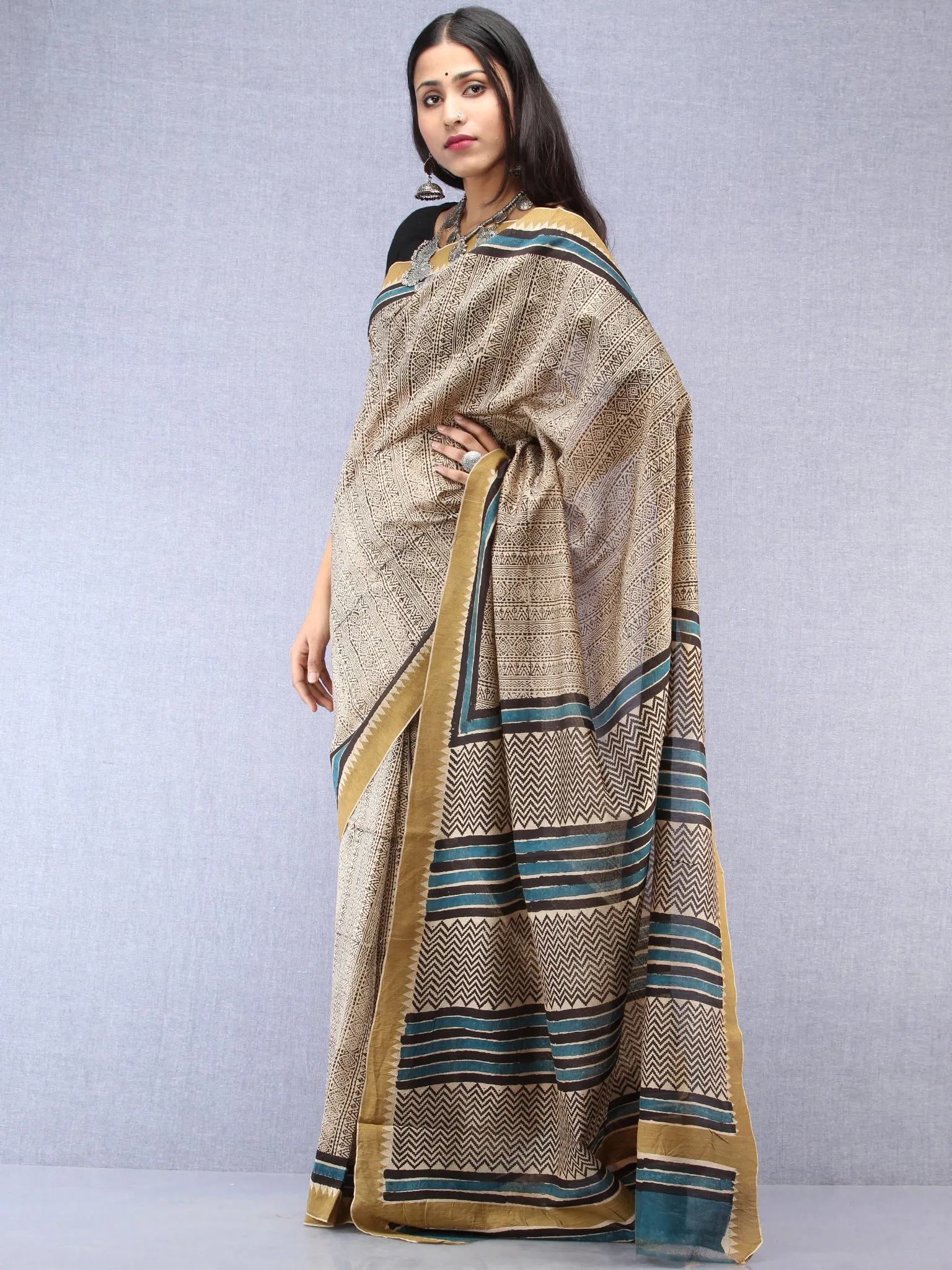 Ivory Black Indigo Chanderi Hand Block Printed Saree With Geecha Border - S031704501