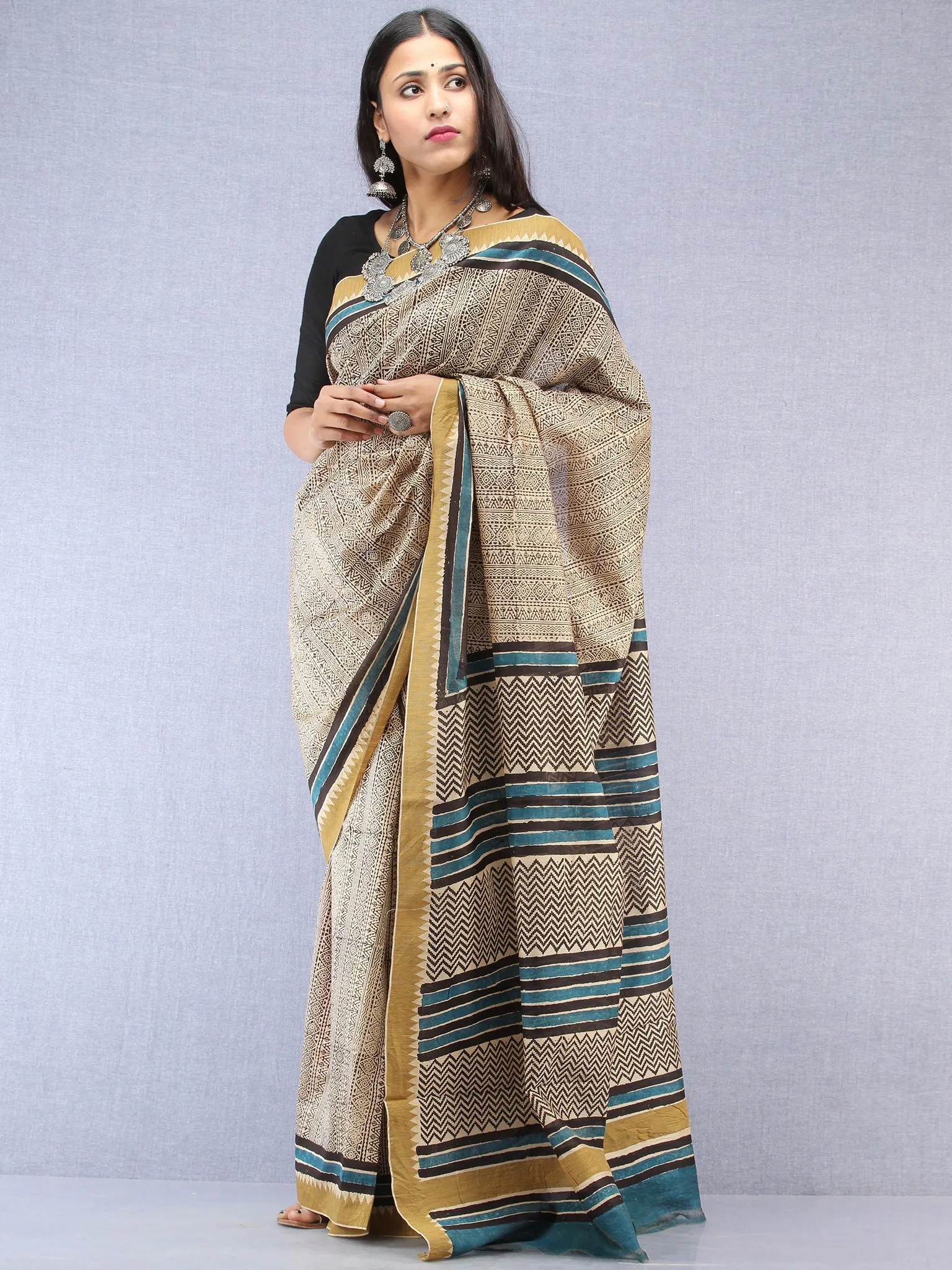 Ivory Black Indigo Chanderi Hand Block Printed Saree With Geecha Border - S031704501
