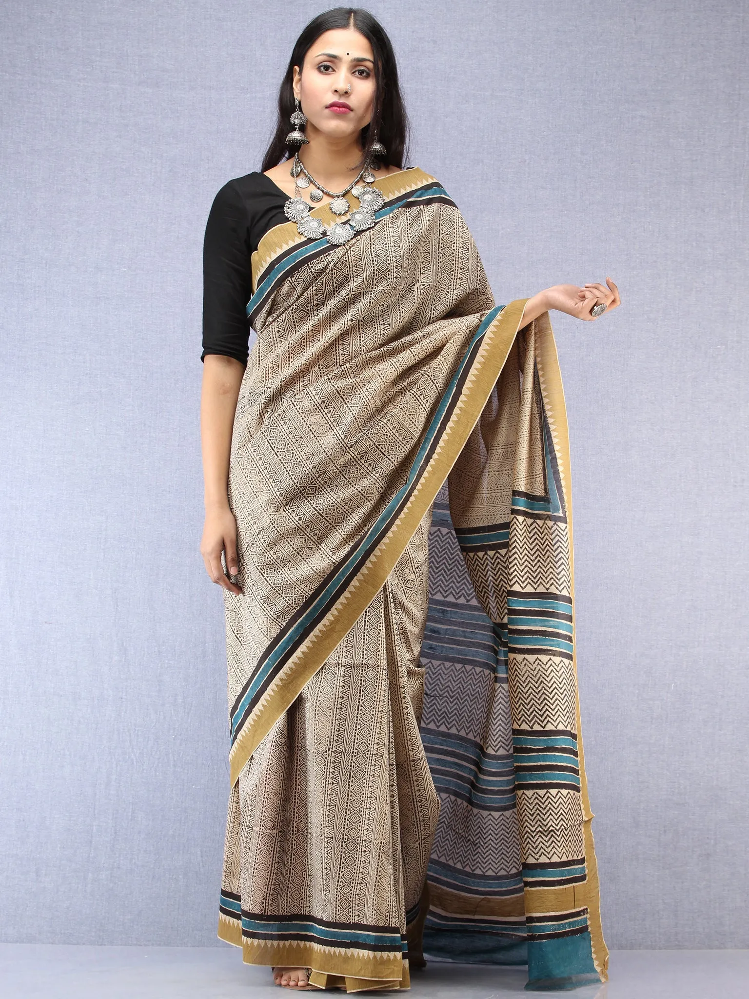 Ivory Black Indigo Chanderi Hand Block Printed Saree With Geecha Border - S031704501