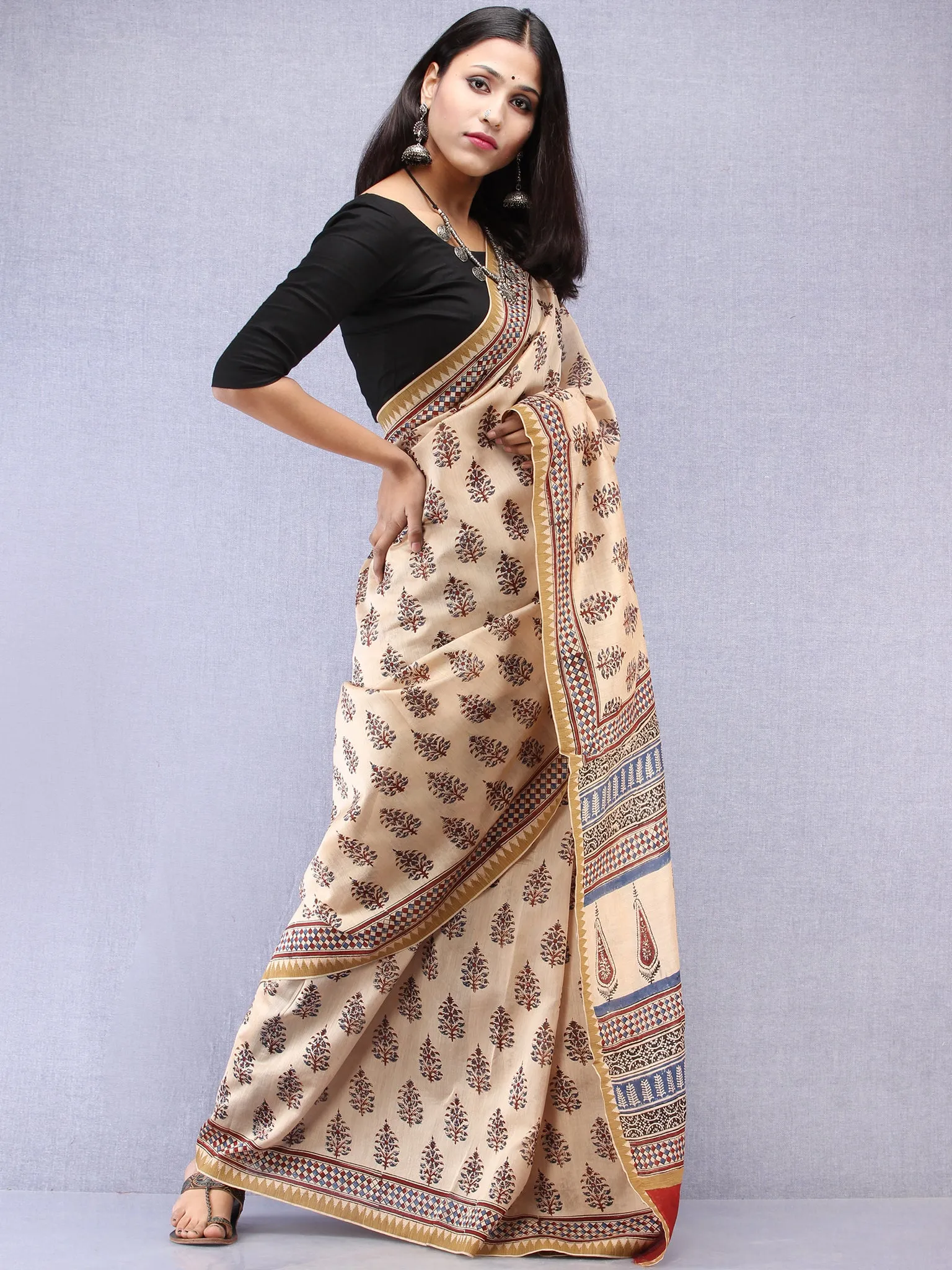 Ivory Indigo Maroon Hand Block Printed Chanderi Saree With Geecha Border - S031704520