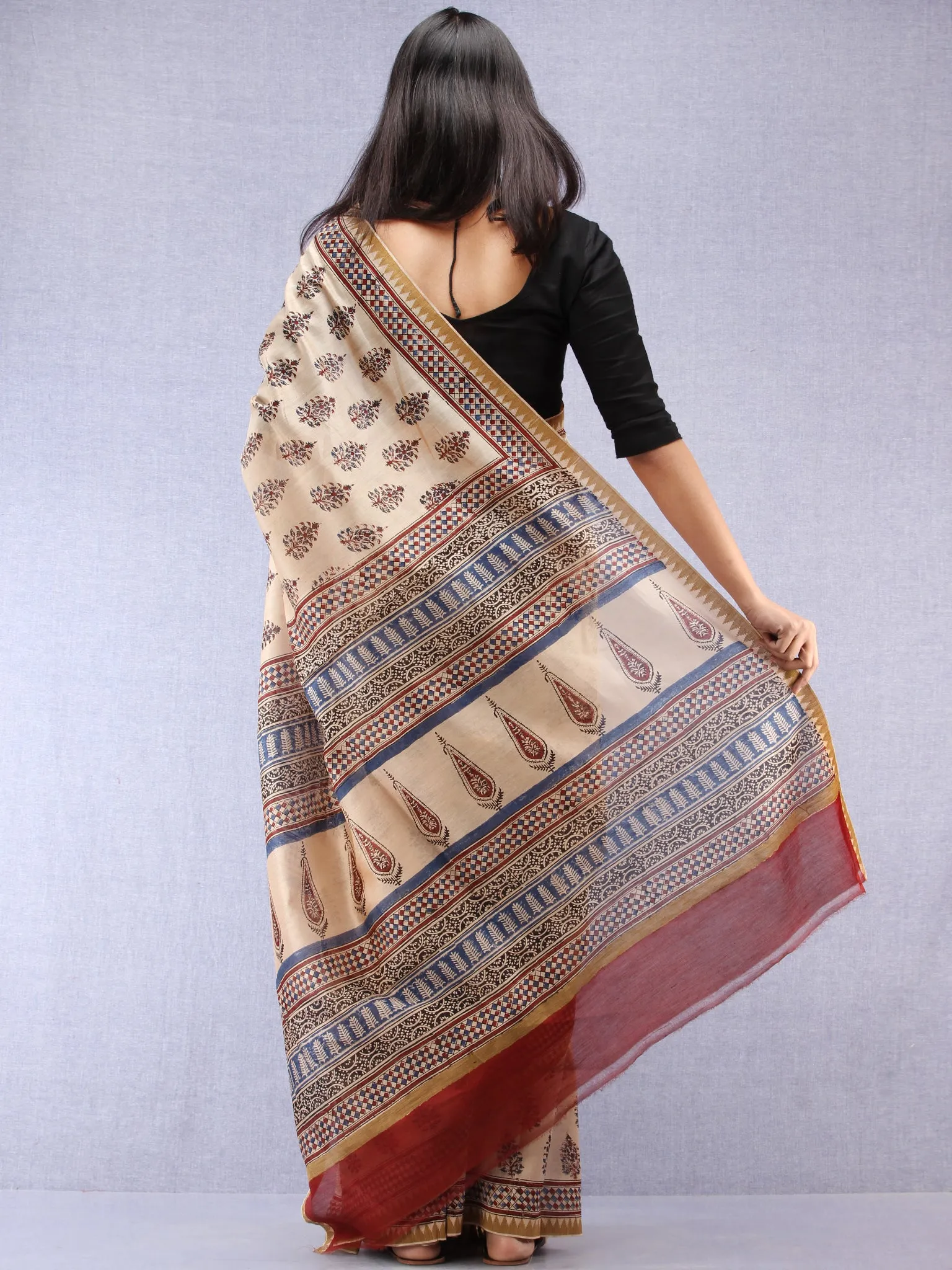 Ivory Indigo Maroon Hand Block Printed Chanderi Saree With Geecha Border - S031704520