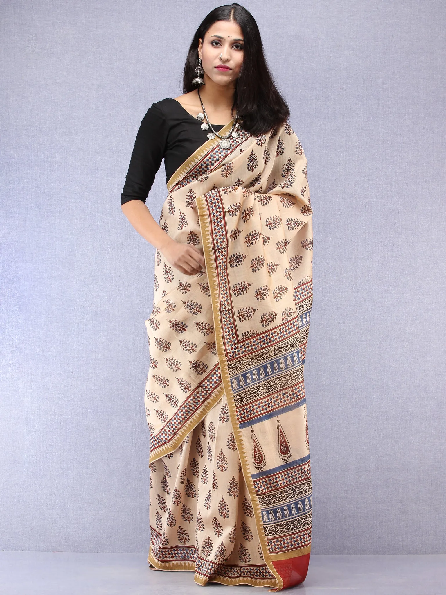 Ivory Indigo Maroon Hand Block Printed Chanderi Saree With Geecha Border - S031704520