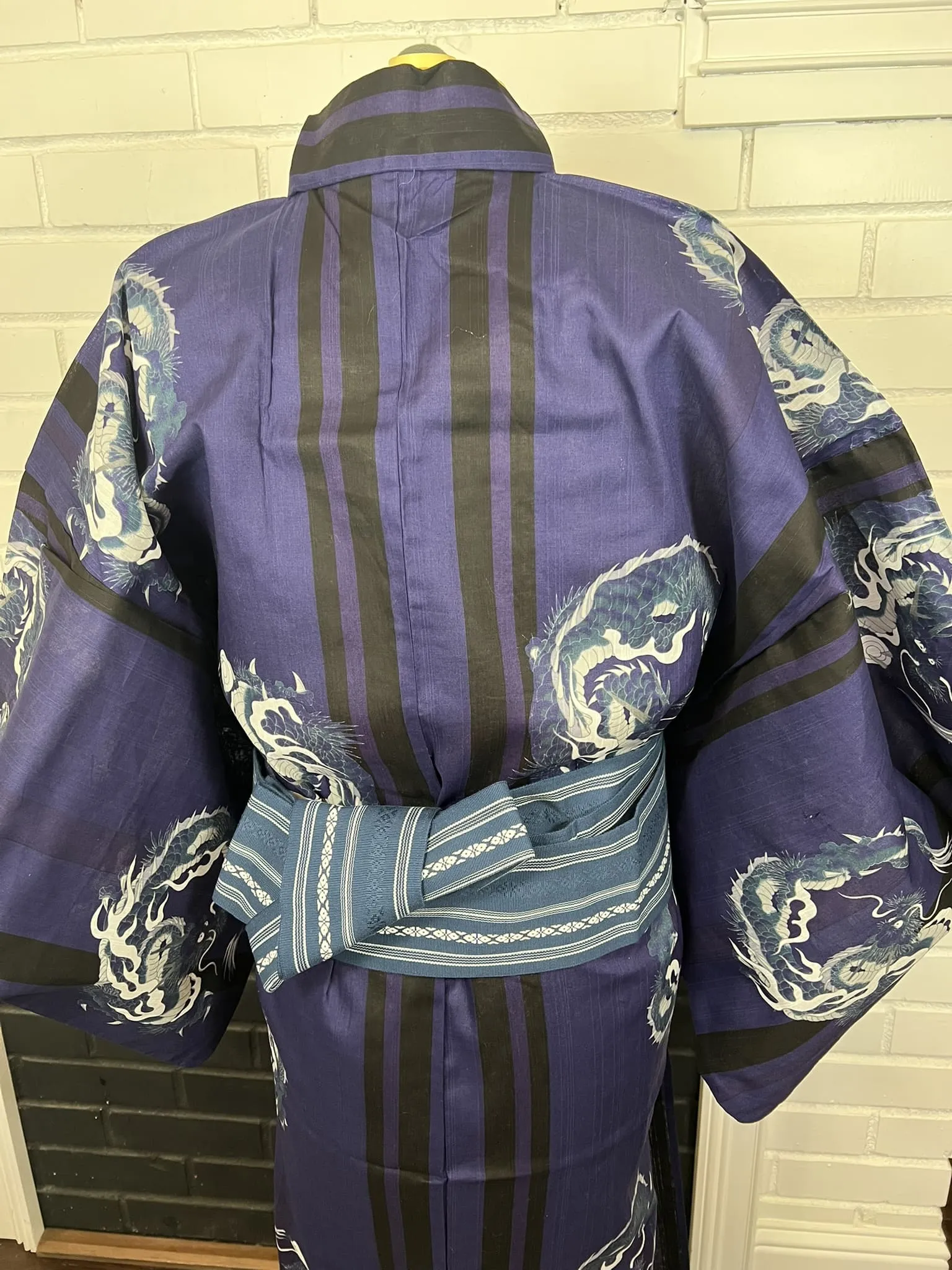 Japanese Traditional Men's Navy YUKATA Full 3pc Set / Size: S-M, Yukata, Obi, Himo String - Dragon Design