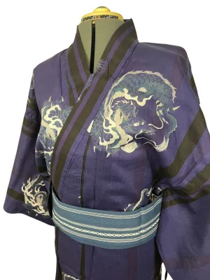Japanese Traditional Men's Navy YUKATA Full 3pc Set / Size: S-M, Yukata, Obi, Himo String - Dragon Design