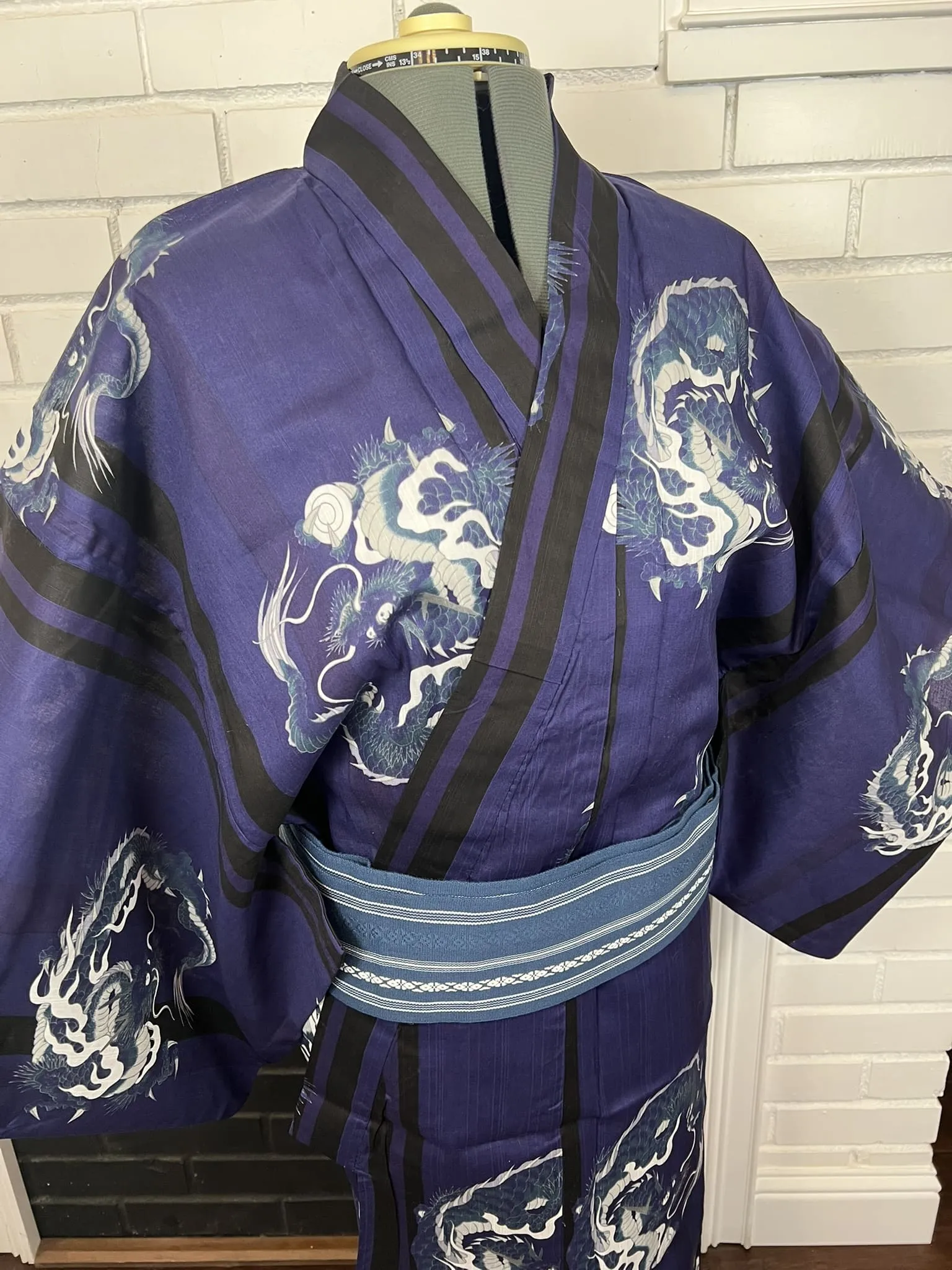 Japanese Traditional Men's Navy YUKATA Full 3pc Set / Size: S-M, Yukata, Obi, Himo String - Dragon Design