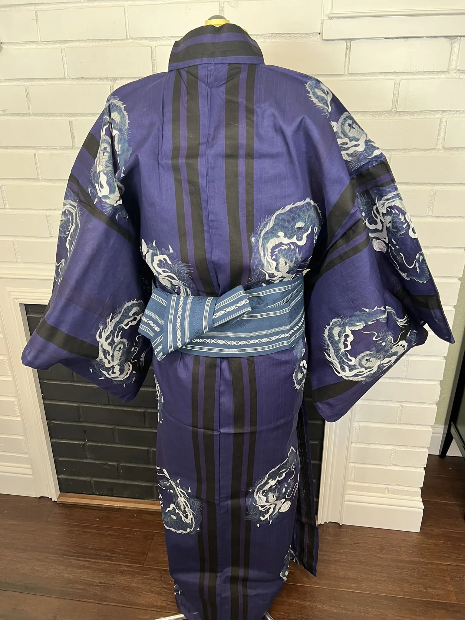 Japanese Traditional Men's Navy YUKATA Full 3pc Set / Size: S-M, Yukata, Obi, Himo String - Dragon Design
