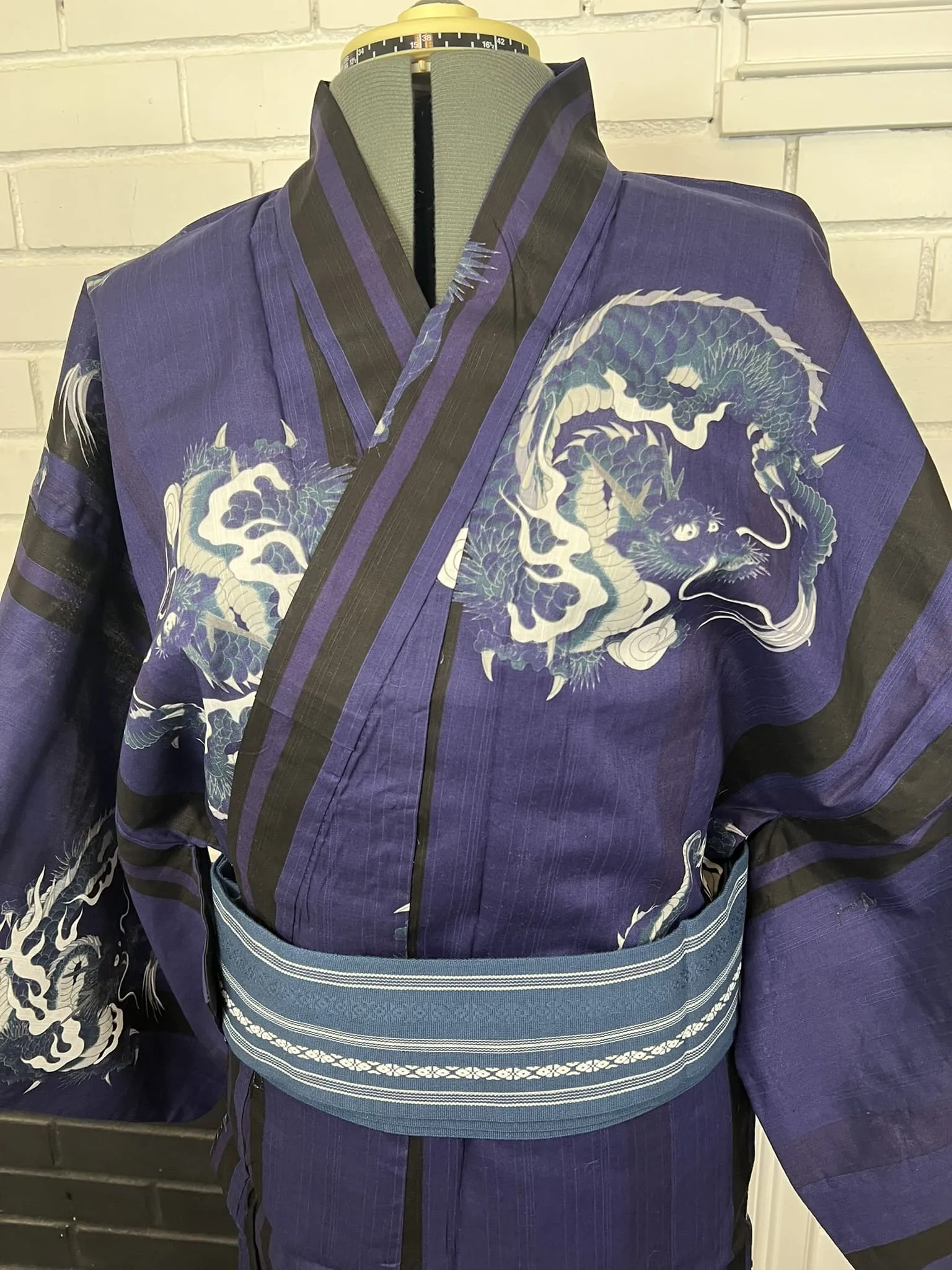 Japanese Traditional Men's Navy YUKATA Full 3pc Set / Size: S-M, Yukata, Obi, Himo String - Dragon Design