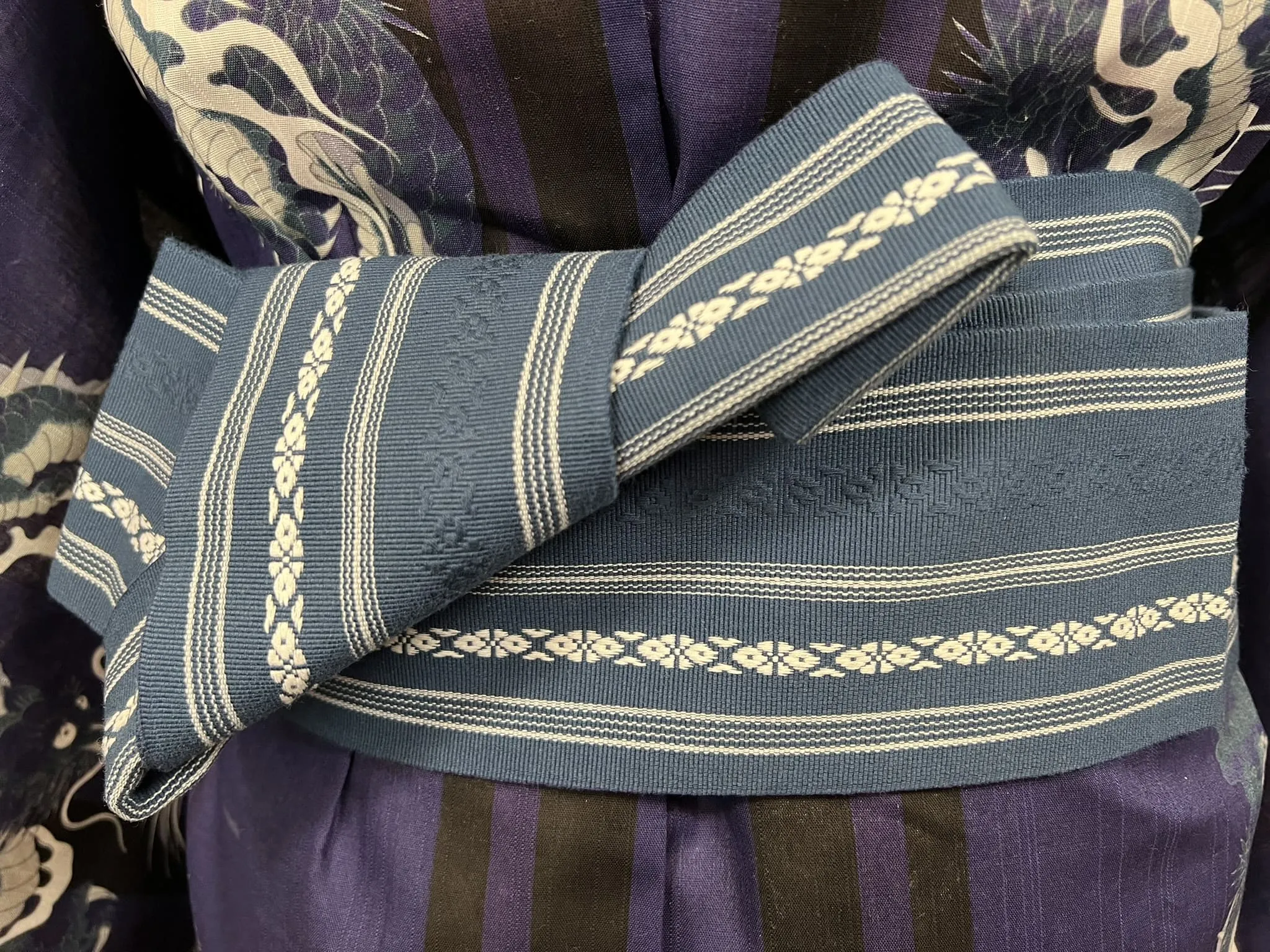 Japanese Traditional Men's Navy YUKATA Full 3pc Set / Size: S-M, Yukata, Obi, Himo String - Dragon Design