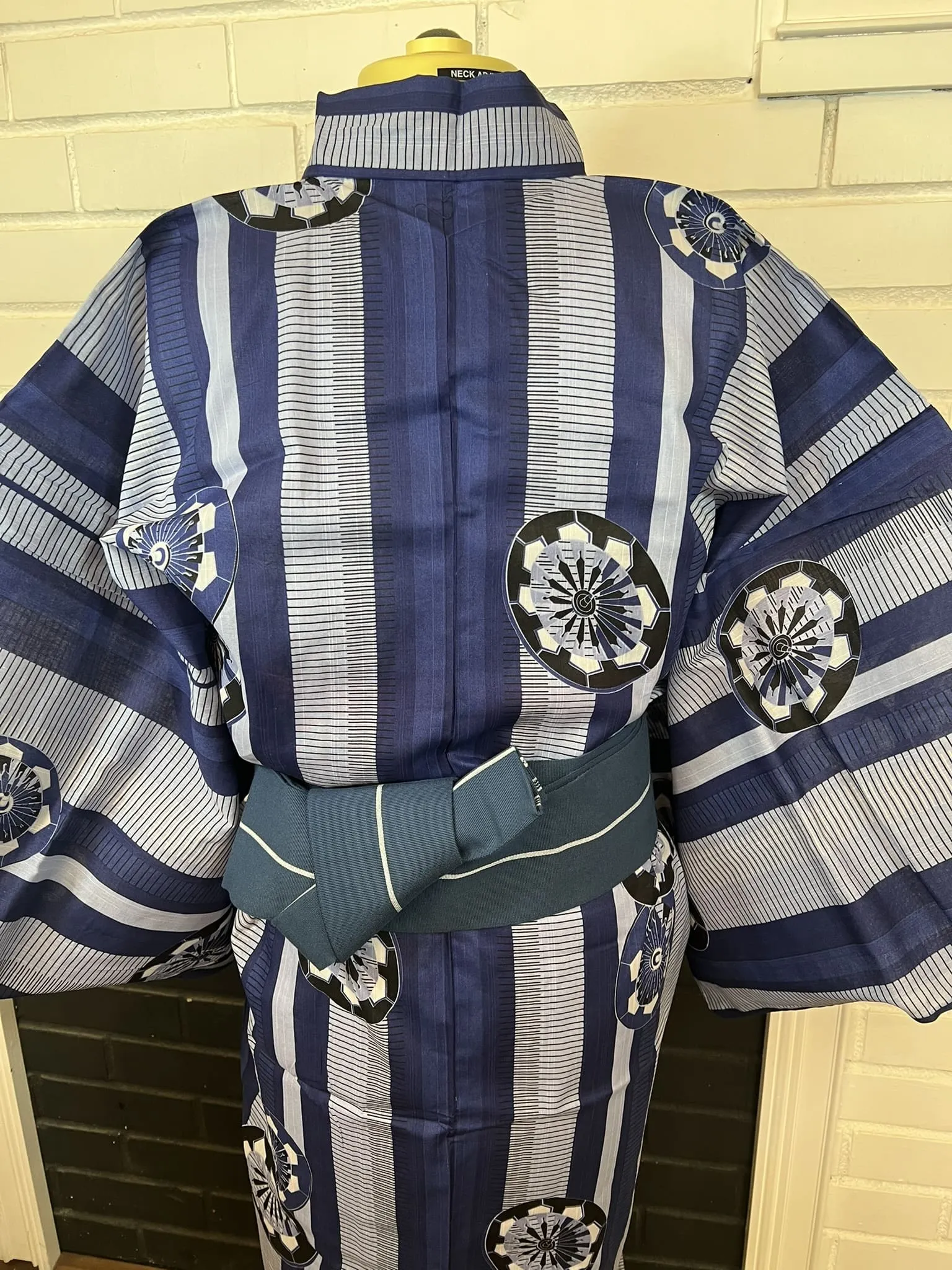 Japanese Traditional Men's YUKATA Full 3pc Set / Size: S-M, Yukata, Obi, Himo String - Blue Striped Yukata Set with Fan Motif
