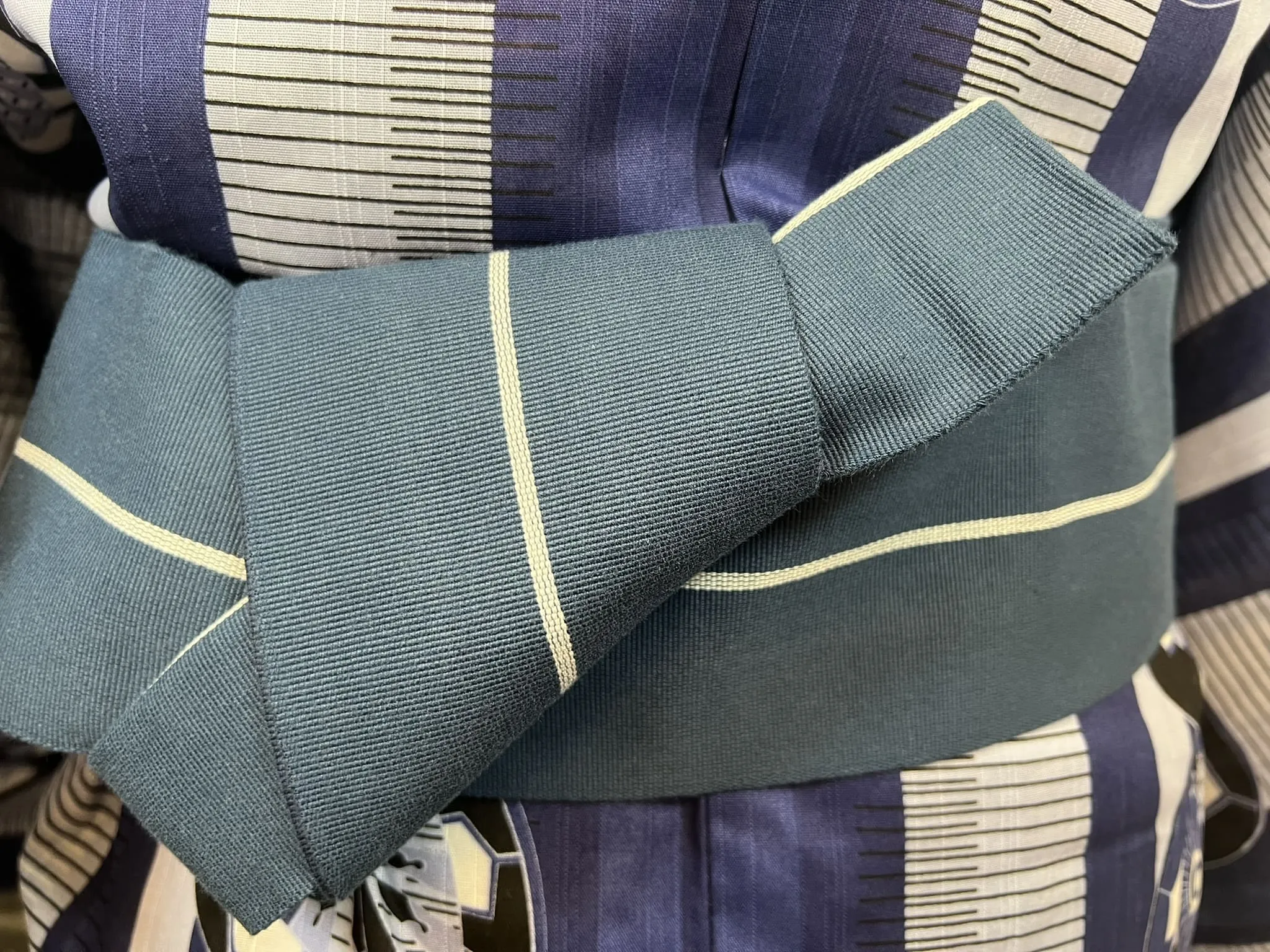 Japanese Traditional Men's YUKATA Full 3pc Set / Size: S-M, Yukata, Obi, Himo String - Blue Striped Yukata Set with Fan Motif