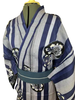 Japanese Traditional Men's YUKATA Full 3pc Set / Size: S-M, Yukata, Obi, Himo String - Blue Striped Yukata Set with Fan Motif