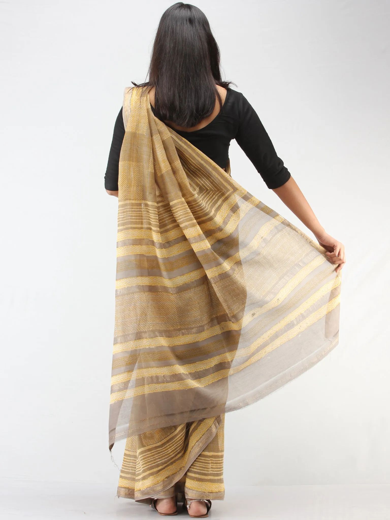 Kashish Yellow Maheshwari Silk Hand Block Printed Saree With Zari Border - S031704472