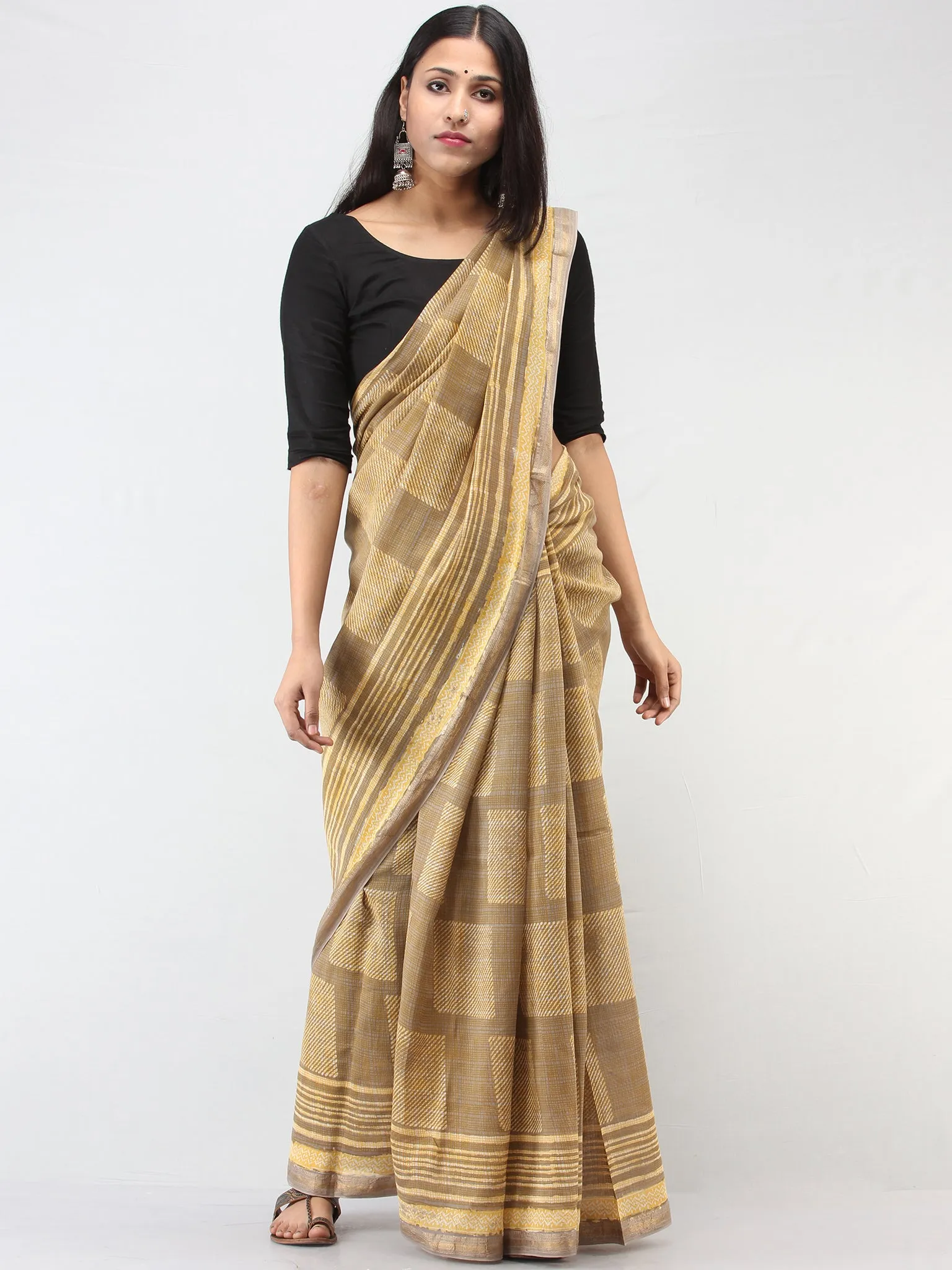 Kashish Yellow Maheshwari Silk Hand Block Printed Saree With Zari Border - S031704472