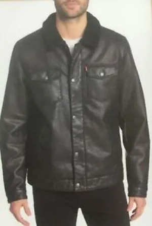 Levi's Men's Faux Leather Sherpa Lined Trucker Jacket, Black