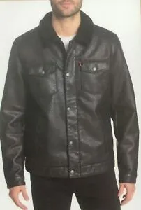 Levi's Men's Faux Leather Sherpa Lined Trucker Jacket, Black