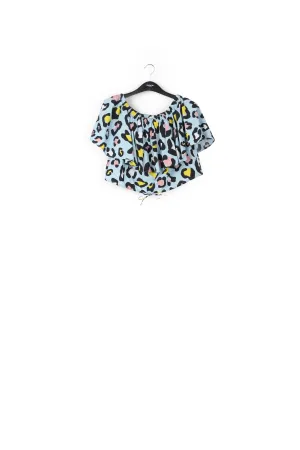 Light blue leopard-print off-shoulder top