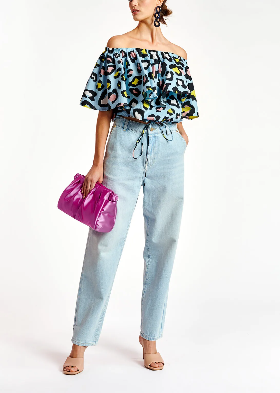 Light blue leopard-print off-shoulder top