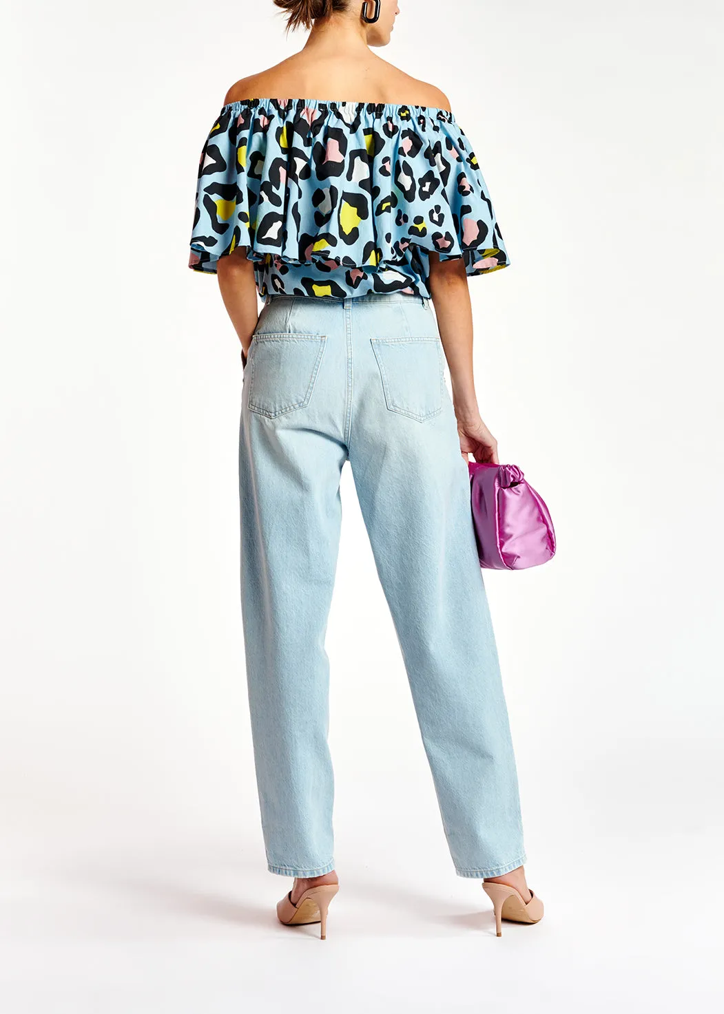 Light blue leopard-print off-shoulder top