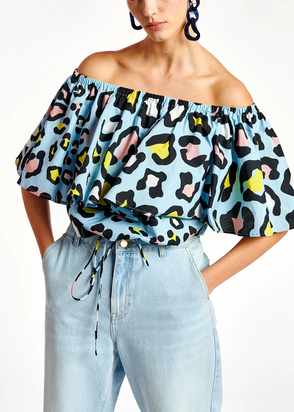 Light blue leopard-print off-shoulder top