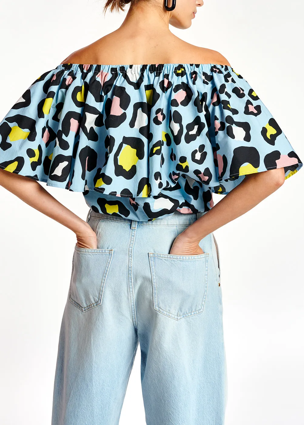 Light blue leopard-print off-shoulder top