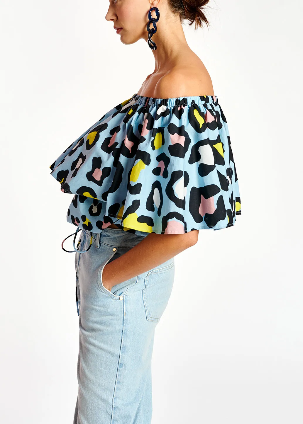 Light blue leopard-print off-shoulder top