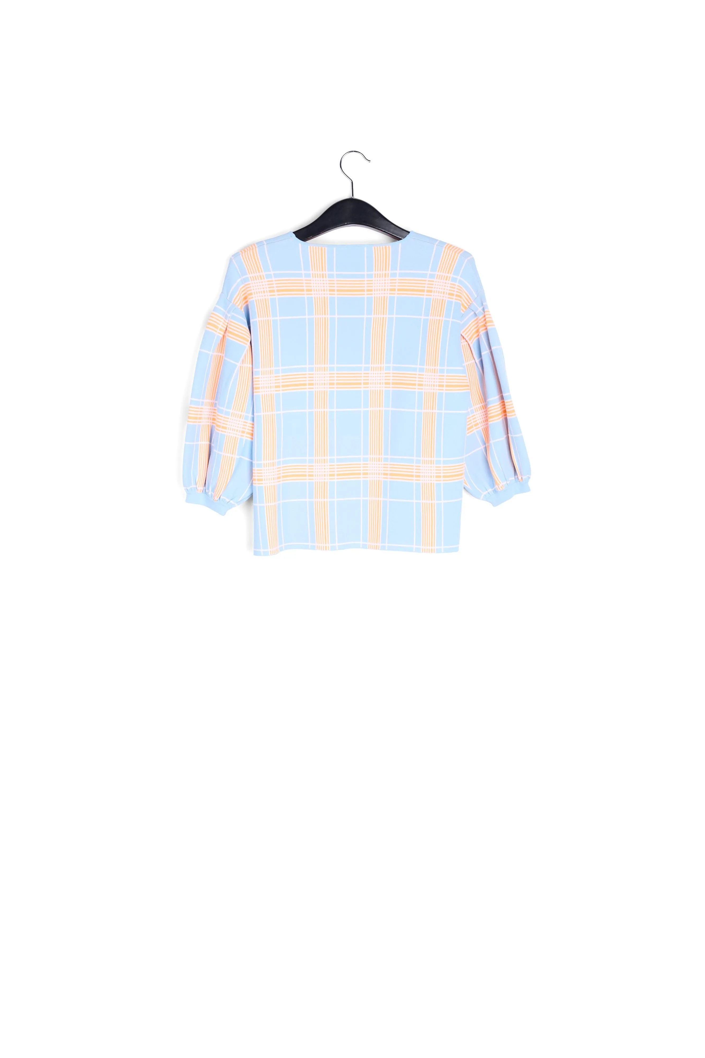 Light blue puffed sleeve knitted top with check motif