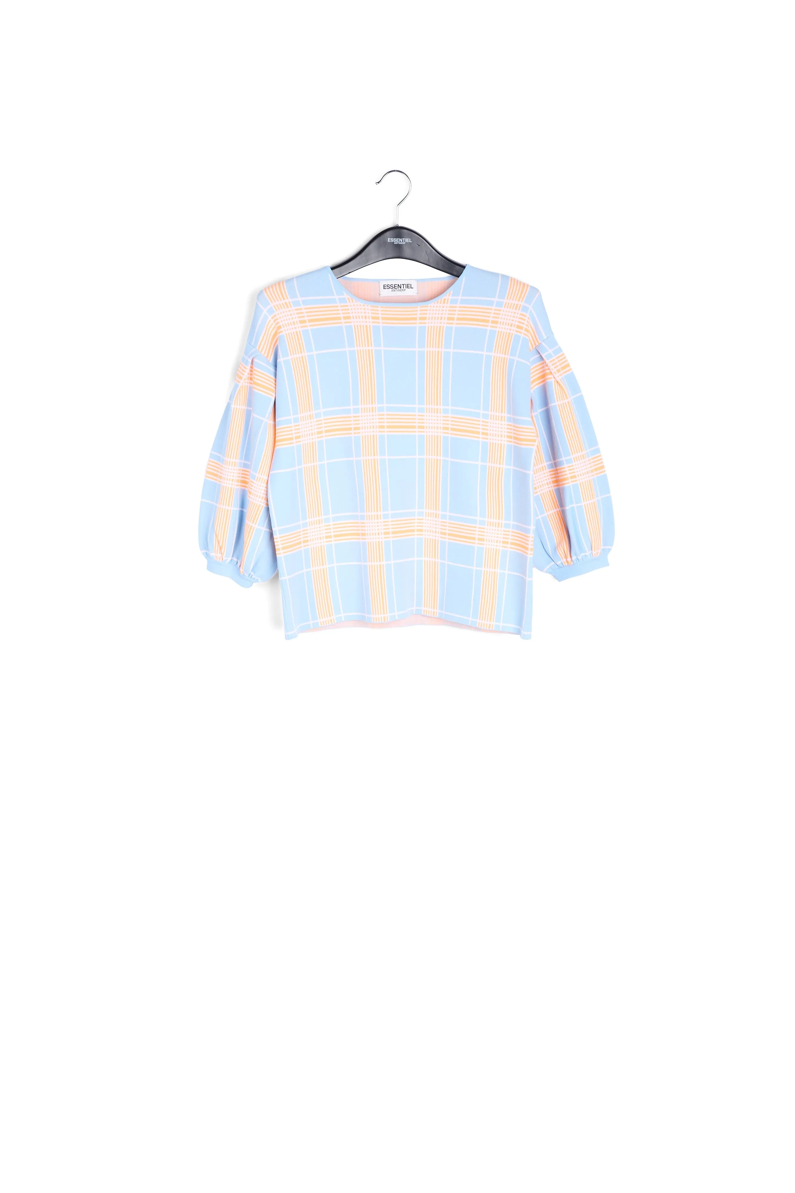 Light blue puffed sleeve knitted top with check motif