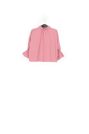 Light pink voluminous cotton top with high collar