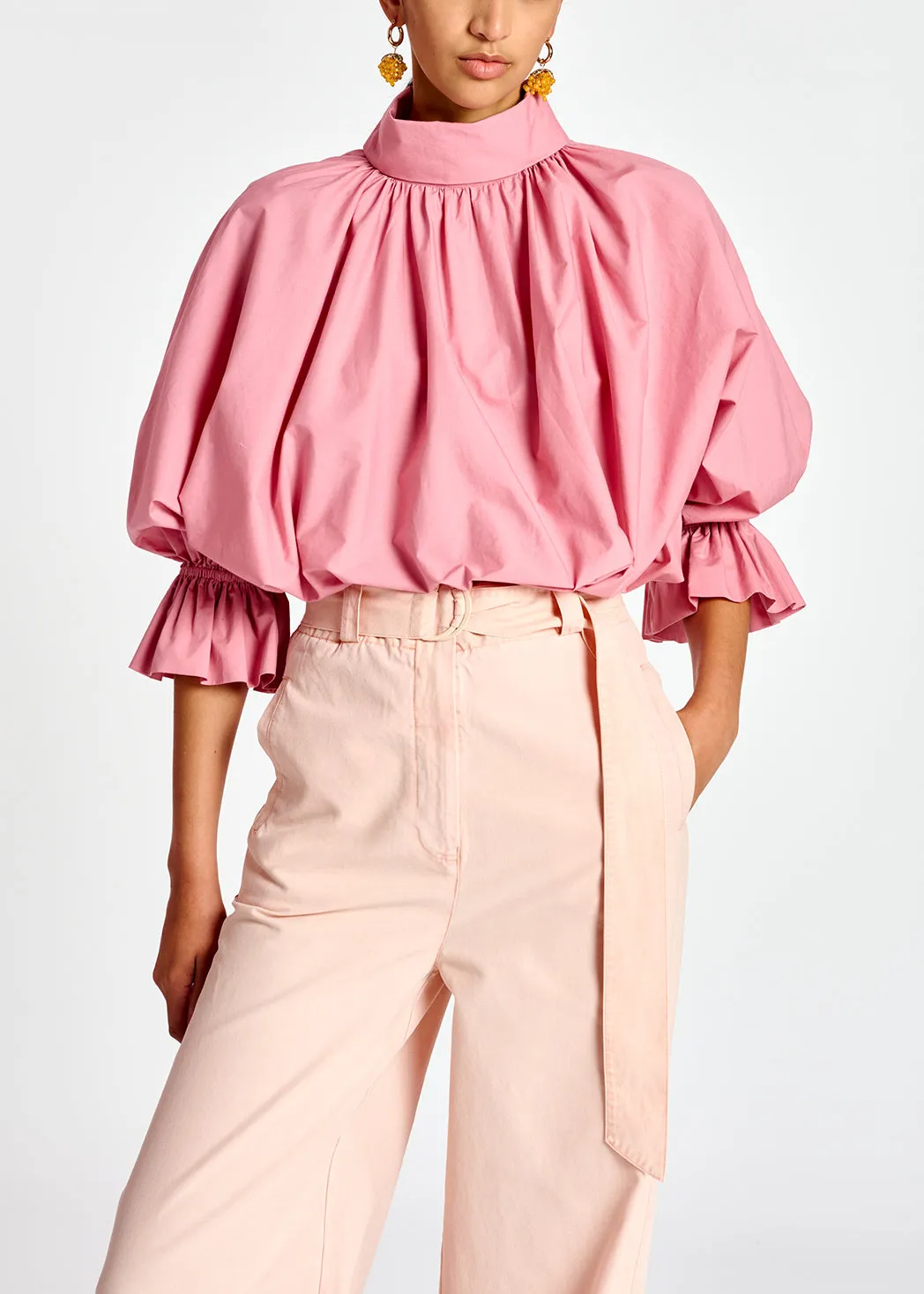 Light pink voluminous cotton top with high collar