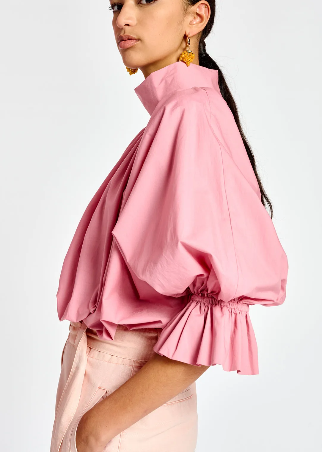Light pink voluminous cotton top with high collar