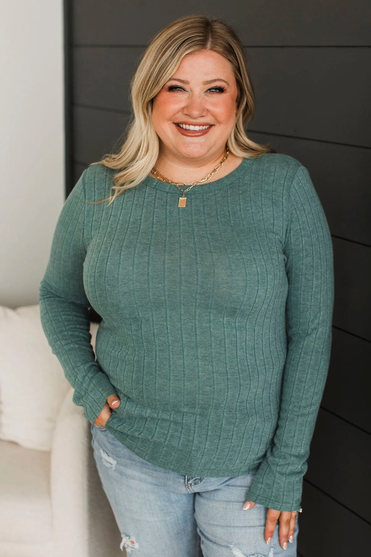 Lighthearted Laughs Ribbed Top- Hunter Green