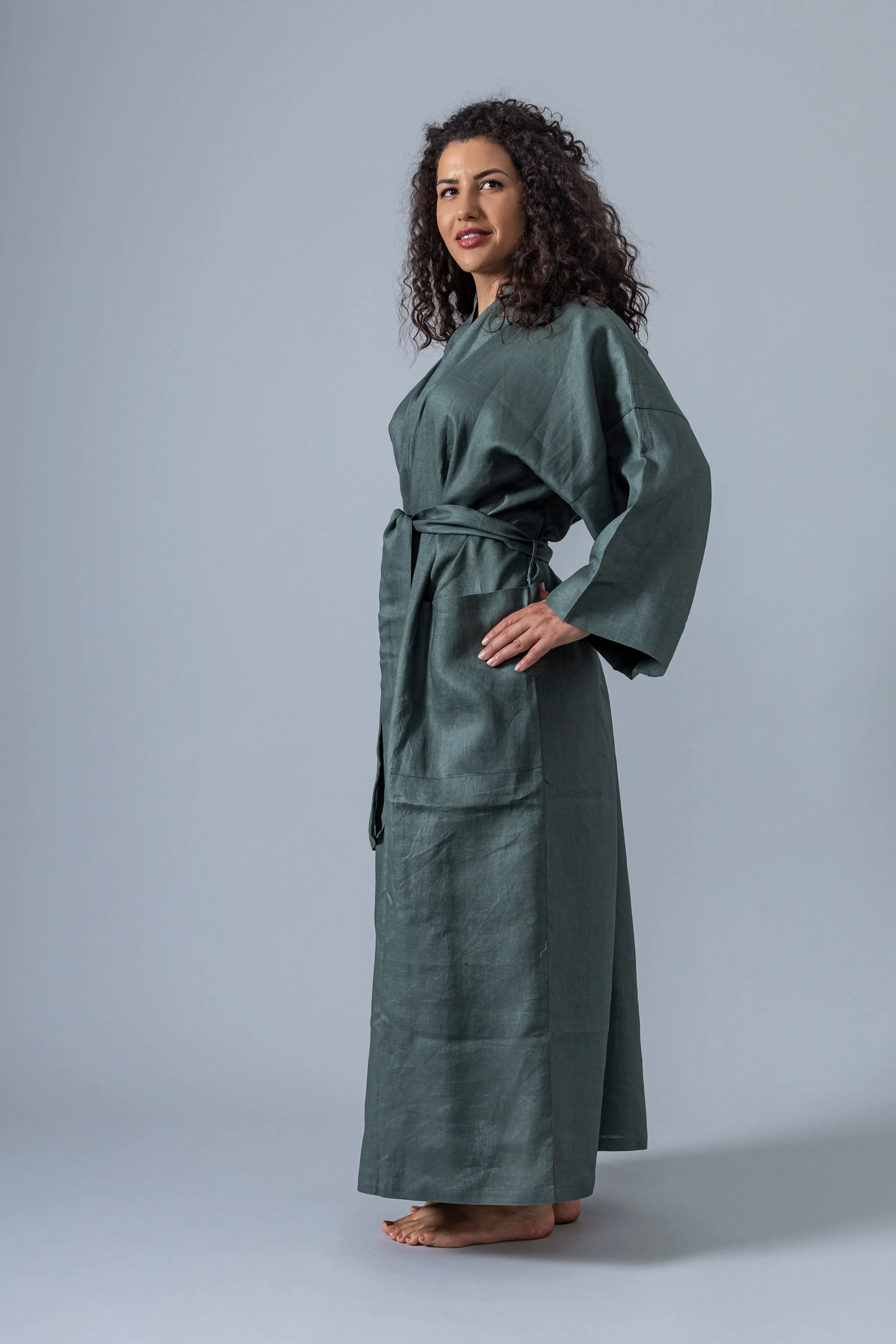 Linen Kimono Robe - Olive