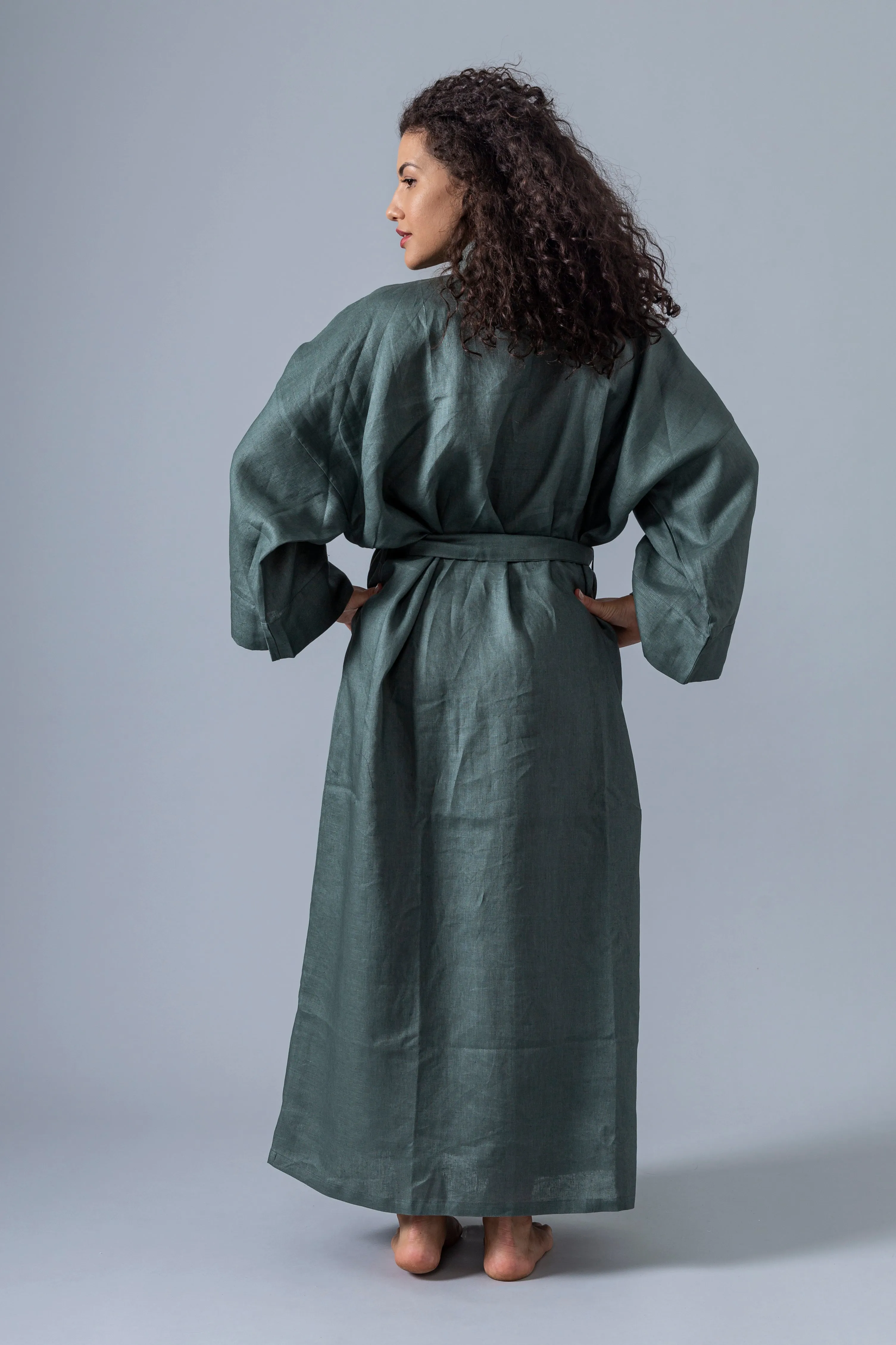 Linen Kimono Robe - Olive